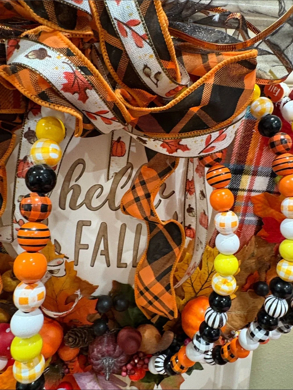 Autumn Beaded Fall Wreath with Ribbon Bow